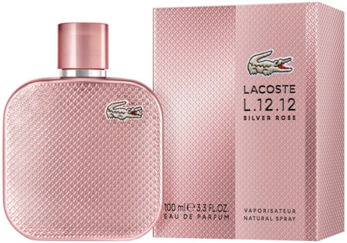 Pink perfume bottle and matching box with Lacoste crocodile logo, 