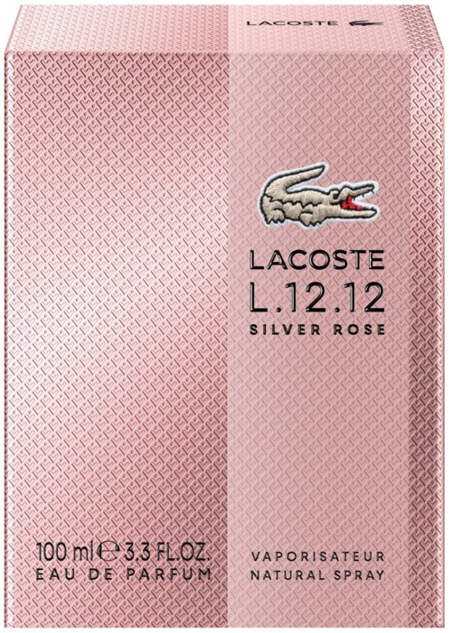 Pink perfume box with Lacoste crocodile logo, mentions L.12.12 Silver Rose, 100ml, natural spray.