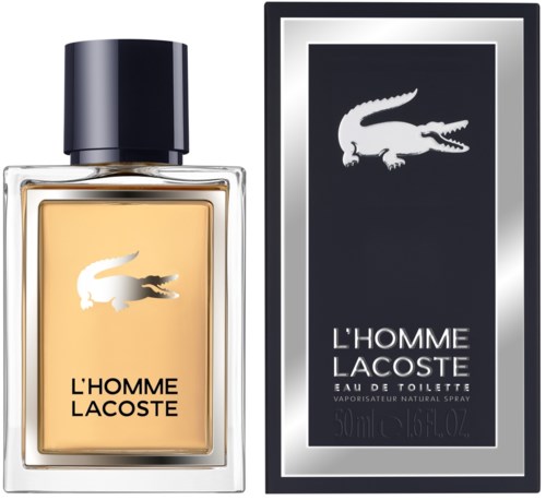 Lacoste-logo hajuvesipullossa ja laatikossa, krokotiilimerkki, mustavalkoinen muotoilu, sininen neste pullossa.