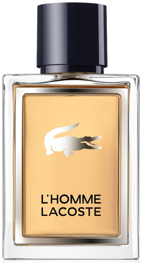 Lacoste-miehen hajuvesipullo, jossa on musta korkki ja krokodillin logo etikettissä.