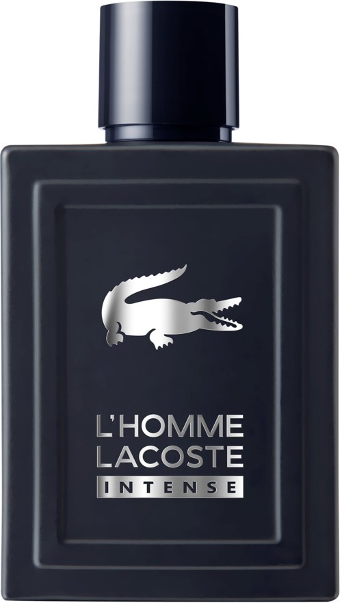 En svart flaska med krokodillogo och orden "L'Homme Lacoste Intense" på sig.