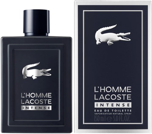 En svart flaska och en matchande låda med en vit krokodillogga och text för L'Homme Lacoste Intense parfym.