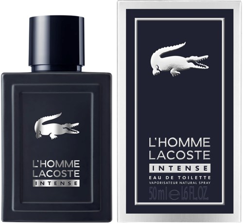 En svart flaska och låda med Lacoste-krokodilen, etiketten säger 'L'Homme Lacoste Intense', 50ml, parfym eller cologne.