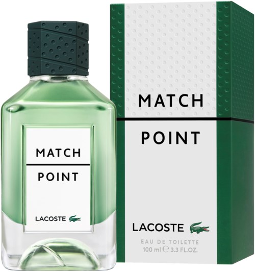 A Lacoste perfume bottle and box with green and white colors, showing the 'Match Point' label.