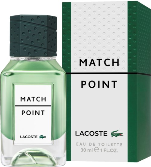 Zielona butelka perfum z czarnym korkiem i dopasowanym zielonym i białym pudełkiem. Marka to Lacoste.