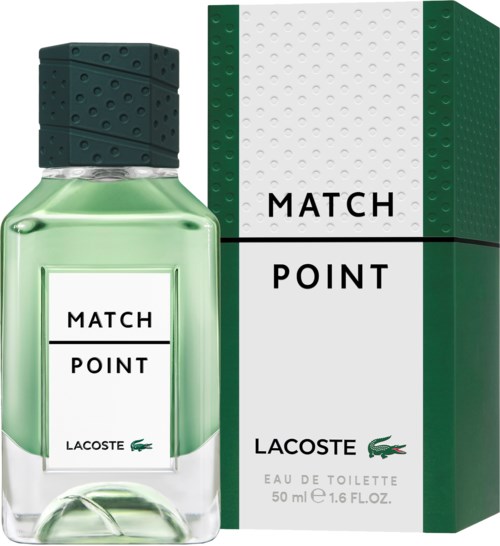 Eine Lacoste Match Point Parfüfflasche und Schachtel in Grün, Weiß und Schwarz mit Lacoste-Krokodil-Logo.