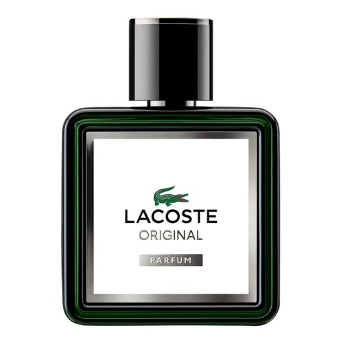 A Lacoste perfume bottle with a crocodile logo, black cap, and white label. It is called Lacoste Original.