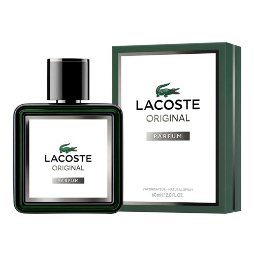 A perfume bottle and box with Lacoste logo, green and white colors, shaped in simple modern style.