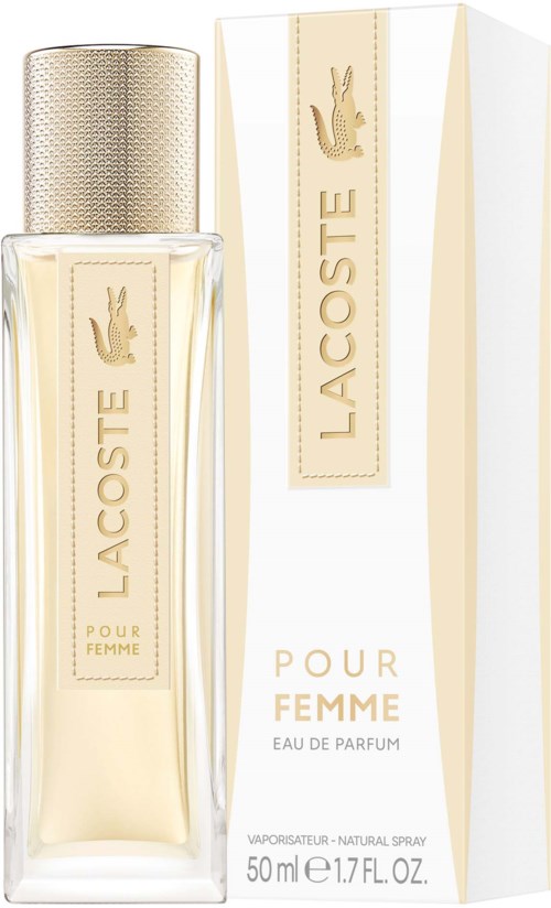 En parfymflaska med silverlock och en matchande box, märkt 'Lacoste Pour Femme Eau de Parfum' i elegant guldskrift.