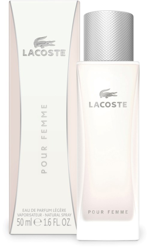En vit Lacoste-parfymflaska med silverlock och matchande förpackning, märkt för kvinnor, 50 ml.