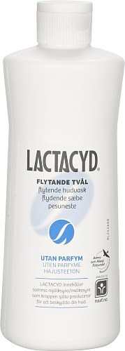En hvid flaske Lactacyd med hvid låg, blå logo og tekst, der angiver den er til blid hudrens.