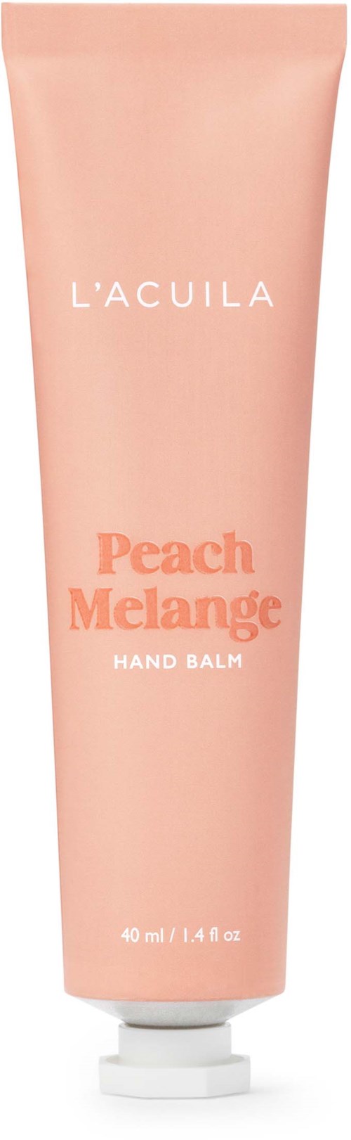 A peach-colored tube labeled L'Acuila Peach Melange Hand Balm. It contains 40 ml of cream.