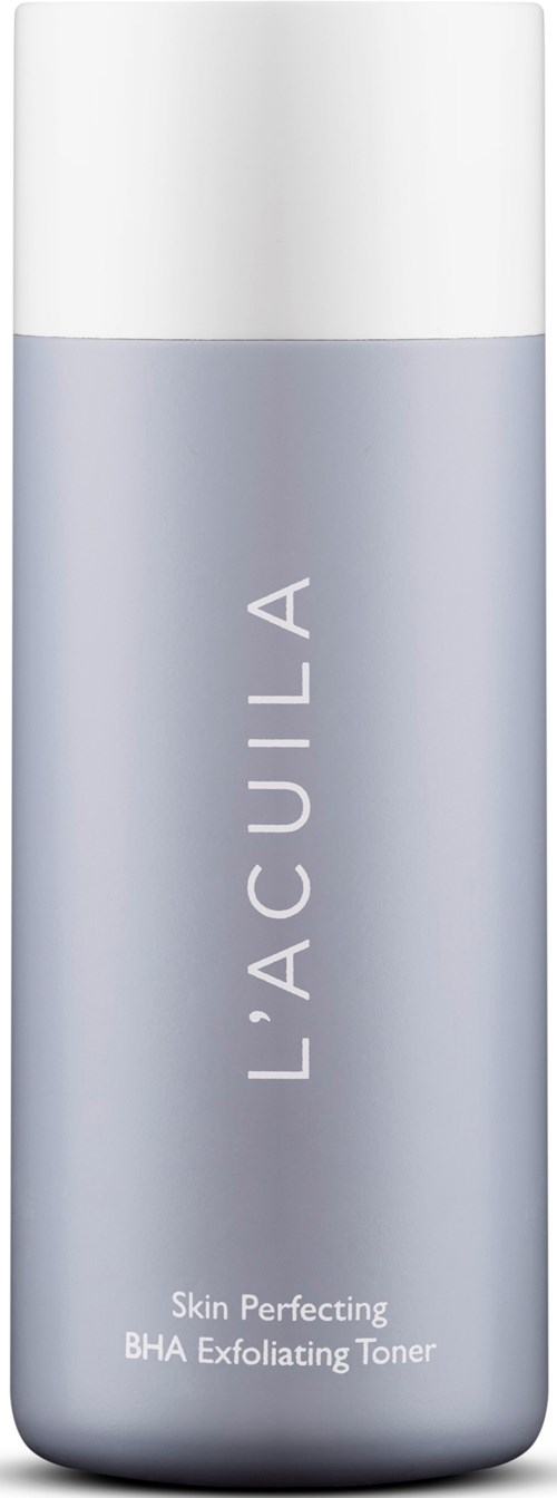 Een lange, slanke fles in grijs en wit, met het label 'L'ACULA' en 'Skin Perfecting BHA Exfoliating Toner'.