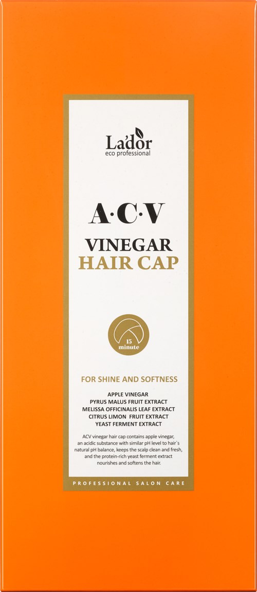 Orange box innehållande ACV vinäger hårmössa för glans och mjukhet, med naturliga ingredienser som äpple och citrus extrakt.