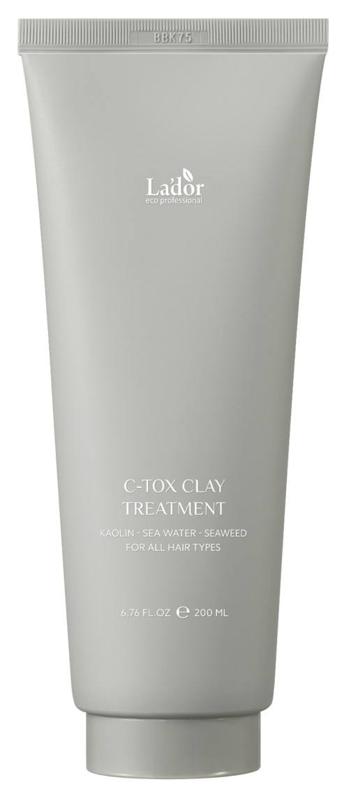 Gray tube labeled Ladur C-Tox Clay Treatment for all skin types, contains seaweed, designed to detoxify skin.