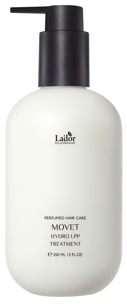 Valkoinen pullo mustalla korkilla, merkitty 'Lador' ja 'Movet Hydro LPP Treatment,' sisältää 350 ml.