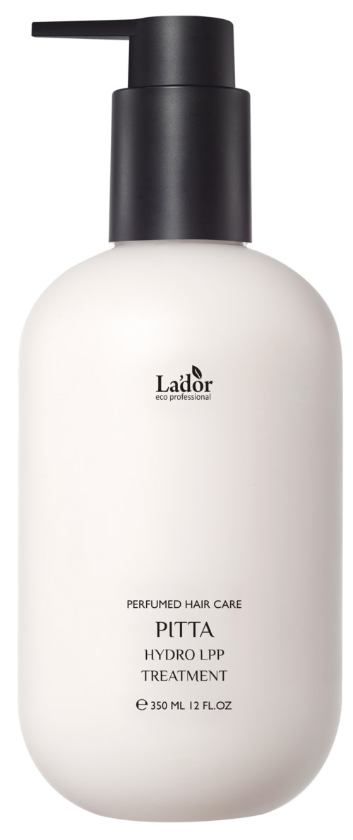 A white bottle with a black pump dispenser for hair care, labeled 'Lador', 'Hydro LPP Treatment', 350 ml.