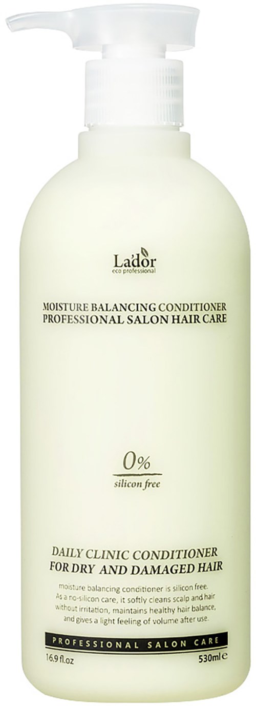 A white bottle with a pump, labeled as a professional hair conditioner for dry and damaged hair, free of silicone.