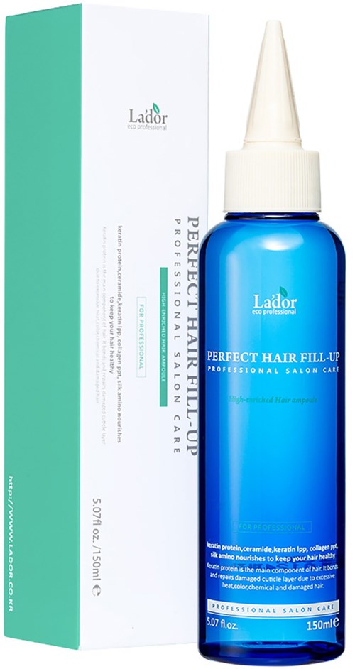 Sininen pullo ja valkoinen rasia sisältävät hiushoitoa nimeltä Perfect Hair Fill-Up, valmistaja Lador.