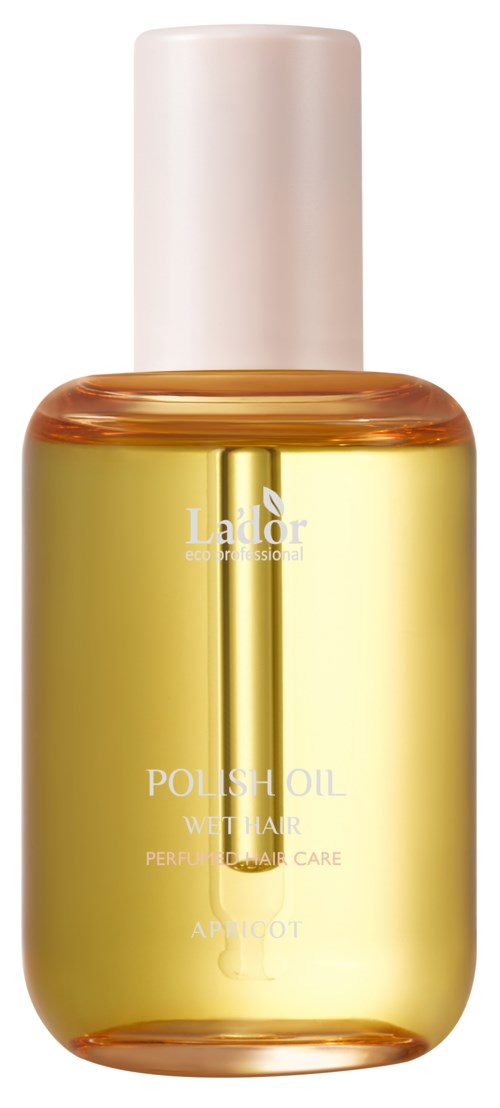 En gul flaske med hvit hette, merket 'Polish Oil' med en liten gullkant, brukt til neglepleie.