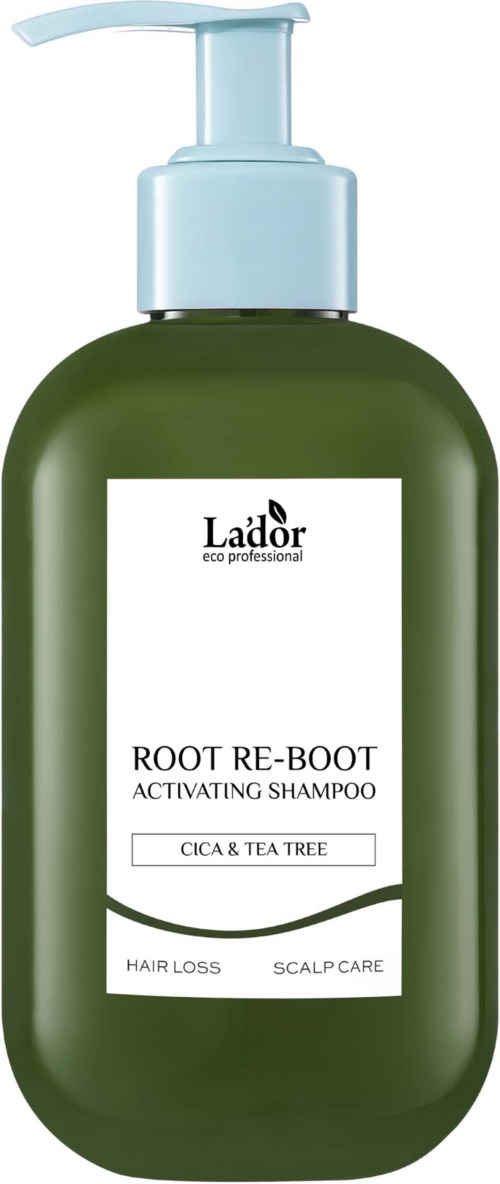 Vihreä shampoo-pullo, jossa sininen pumpun, etiketti lukee Root Re-Boot Activating Shampoo, cica ja teepuu, hiuksille ja päänahalle.