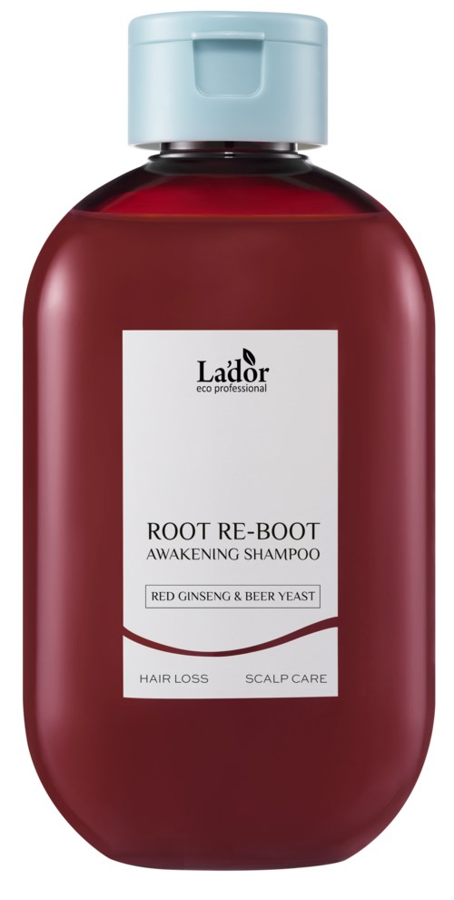 En röd flaska Lador Root Re-Boot schampo för håravfall och hårbottenvård med ett ljust blått lock.