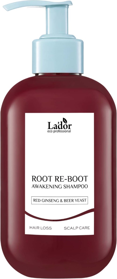 Punainen pullo pumpulla, etiketti sanoo Root Re-Boot Awakening Shampoo, sopii hiustenlähdön ja päänahan hoitoon.