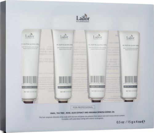Fyra tuber av hårbottenbehandling i en låda, märkt Lador, för professionellt bruk, med naturliga ingredienser som snigel och te-träd.