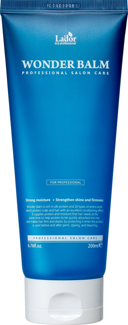 Sininen tubi merkitty Lador Wonder Balm, tarkoitettu ammattilaiskampaamokäyttöön, kosteuttava ja kiiltävä, 200 ml.