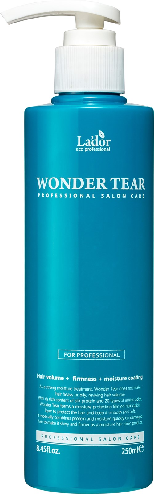 Sininen pullo pumpulla, merkattu 'Wonder Tear' hiuksille, ammattilaiskampaamokäyttö, 250 ml.