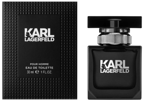 En svart parfymeflaske og eske merket Karl Lagerfeld, med slankt design, for herre Eau de Toilette, 30 ml.