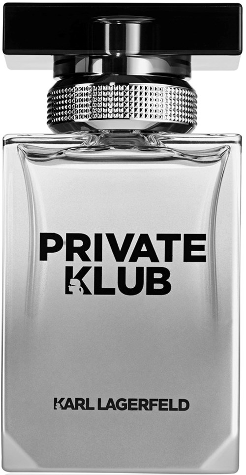 En parfyllflaska med etiketten 'Private Klub' av Karl Lagerfeld, tydlig med svart lock.