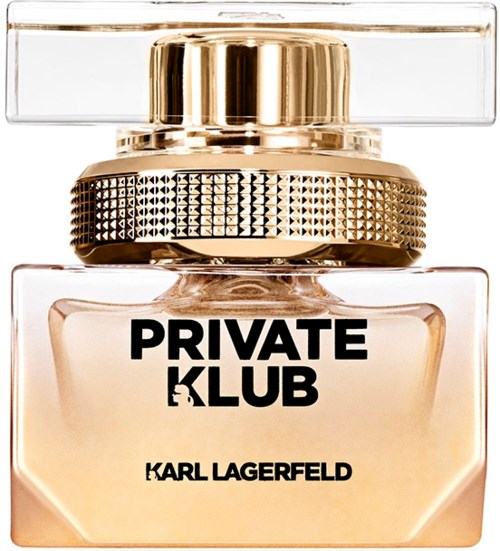 En parfymflaska med guldkapsel, klart glas och orden "Private Klub" och "Karl Lagerfeld" på.