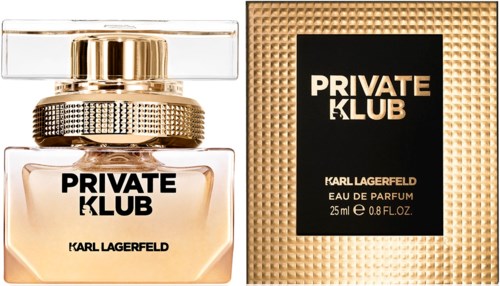 En parfylflaska och box i svart, guld och vitt, märkt "Private Klub" av Karl Lagerfeld.