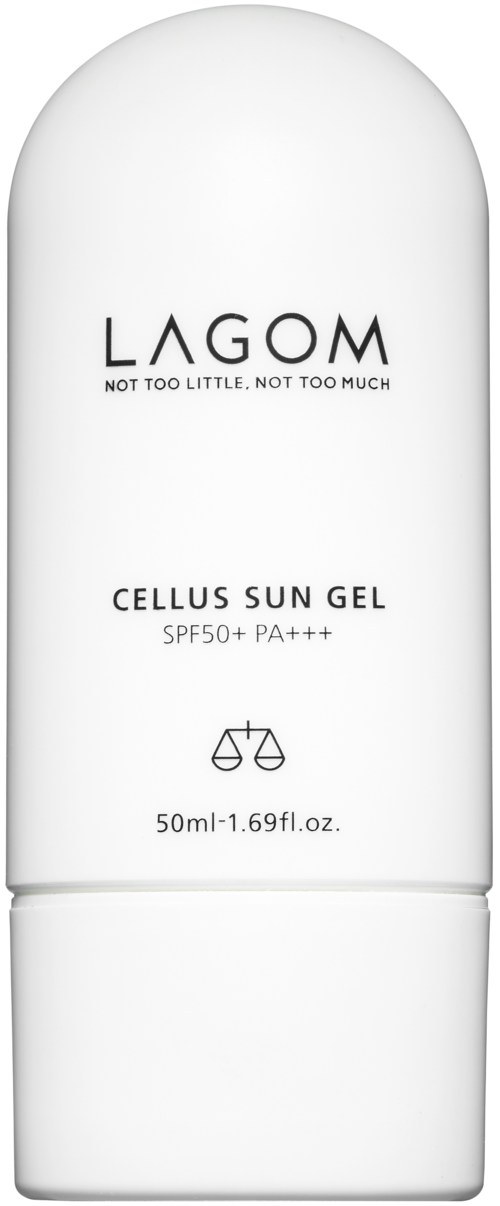 En vit flaska med svart text, märkt Lagom Cellus Sun Gel med SPF50+ och PA++++, 50 ml.