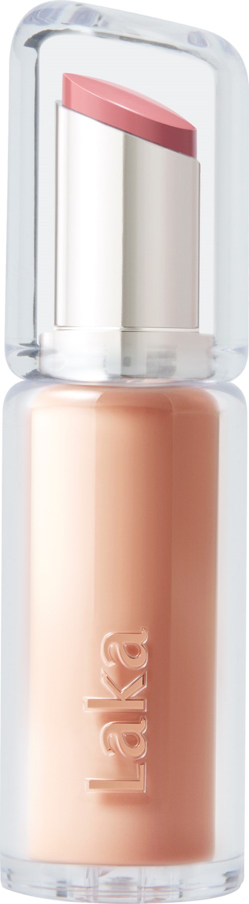 En beige leppestift i klar tube med rosa spiss, merket 'Laka' på flasken.