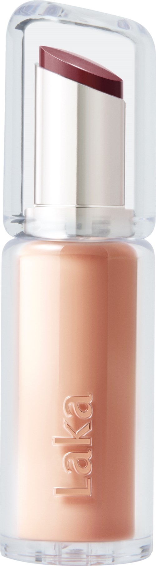 En beige flytende leppestift i klar tube med skinnende lokk, merket med navnet 'Laka'.