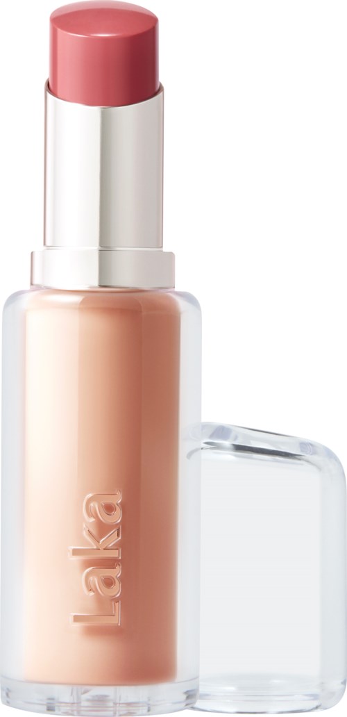 En makeupgrunning eller flytende foundation i en glassflaske med rosa lokk og klart lokk.