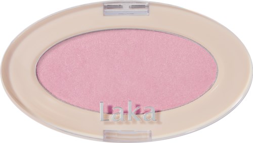 Rosa blush i en oval beholder med beige lokk, merket 'Laka,' glatt og skinnende overflate.