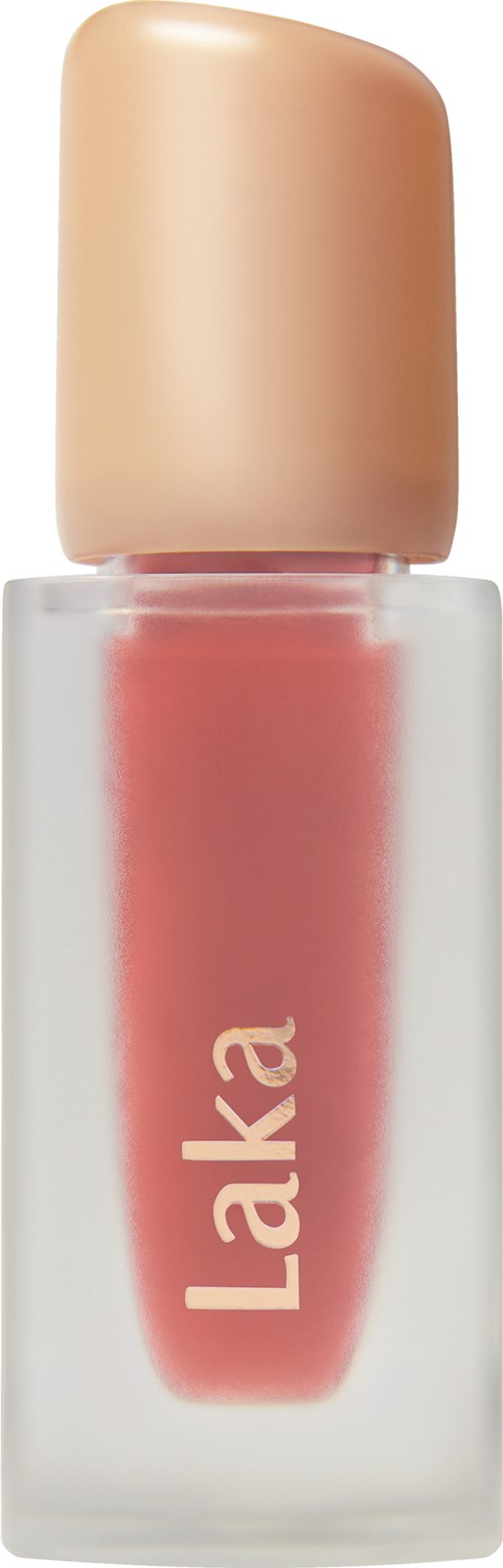 A small nail polish bottle with a peach cap and pink liquid inside, labeled 'Laka.'