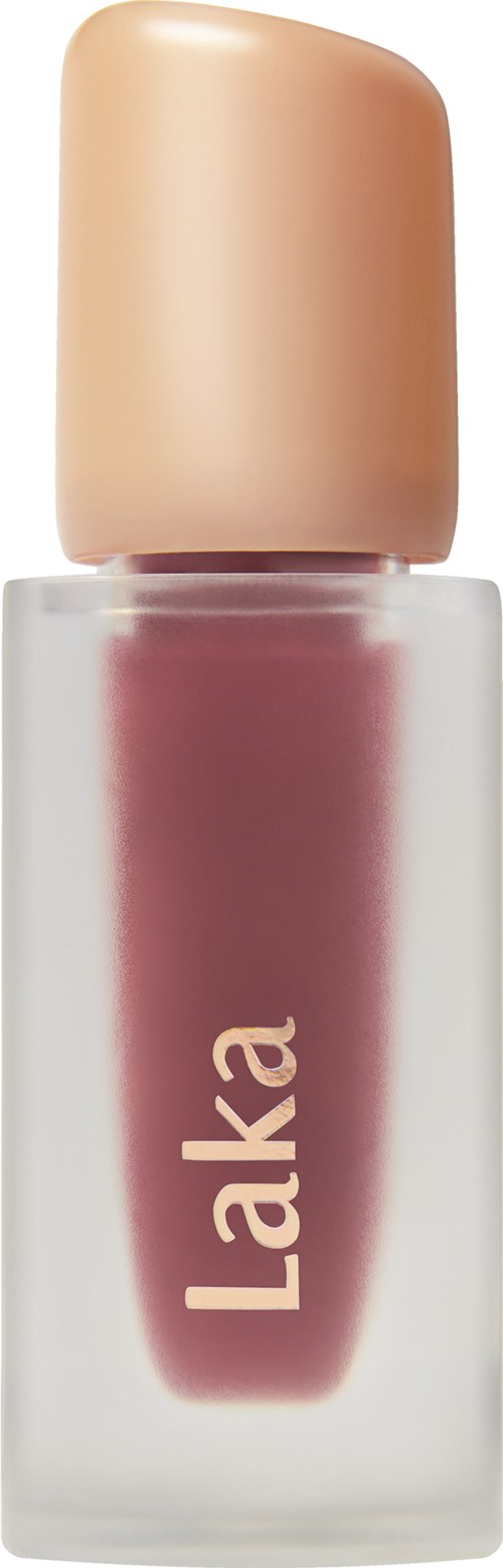 En flaske med rosa-lignende lipgloss eller neglelakk med beigem blant og merkevaren 'Laka'.