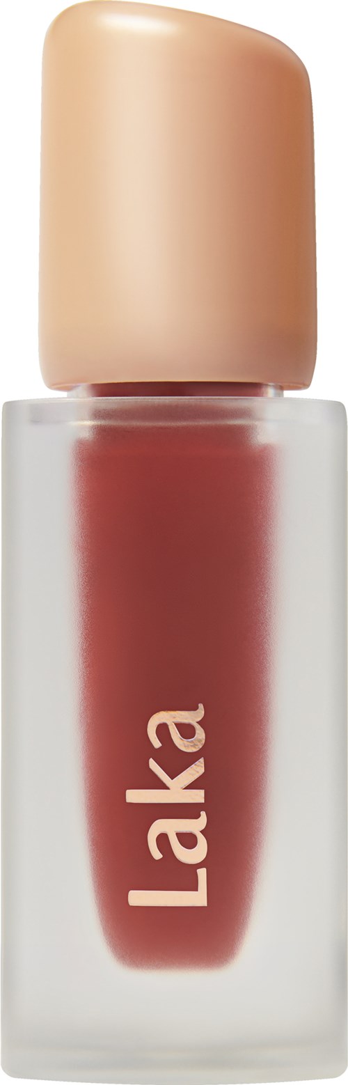 A nail polish bottle with a beige cap and reddish-brown color inside. The brand name is 'Laka' on the bottle.