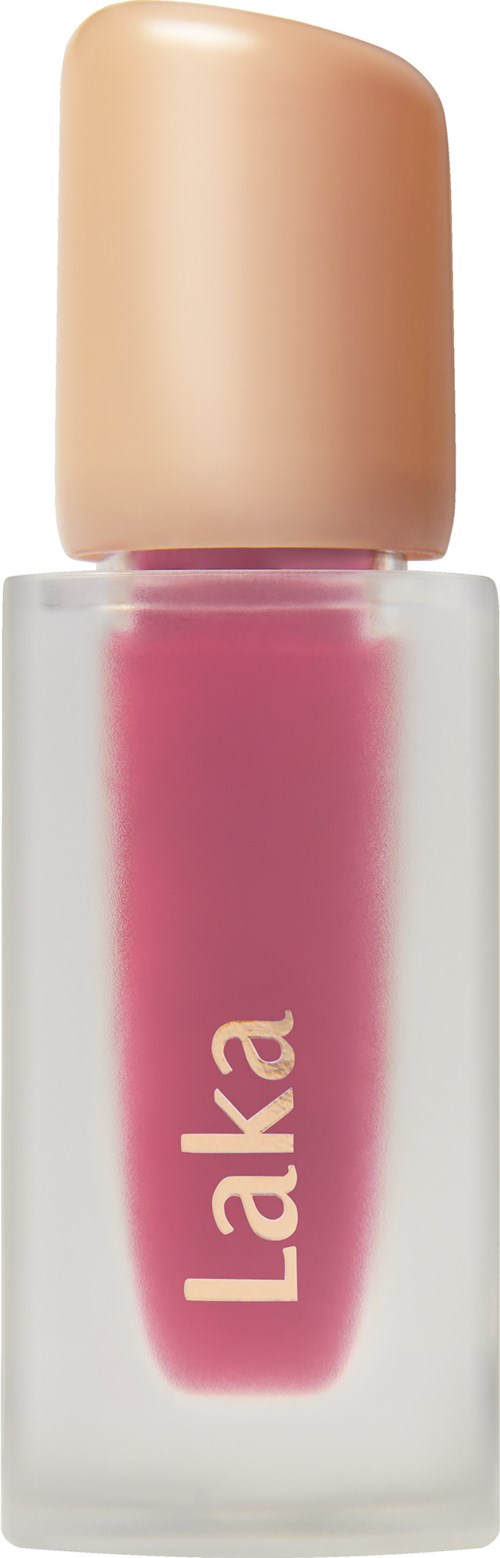 Pink lipstick with a transparent bottle and beige cap. The brand name 'Laka' is on the bottle.
