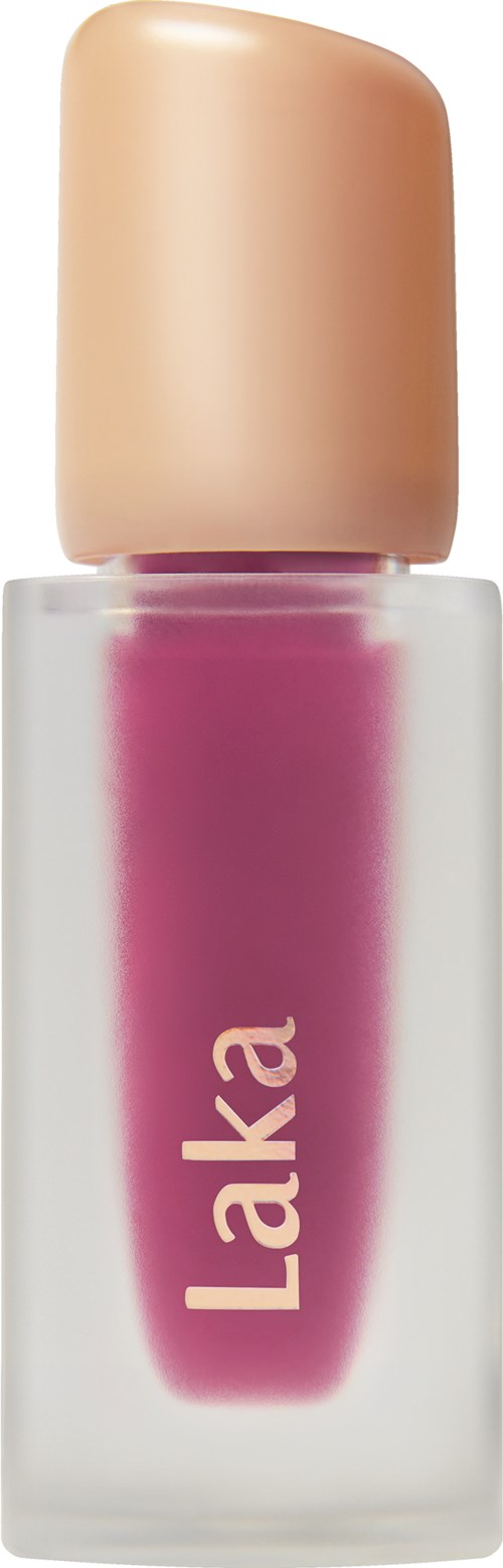 A small bottle with a pink liquid, beige cap, and the word "Laka" written on it.