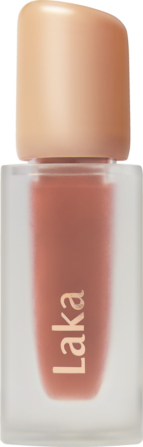 En liten flaske med neglelakk i hudfarge med beige kapsel og ordet Laka.