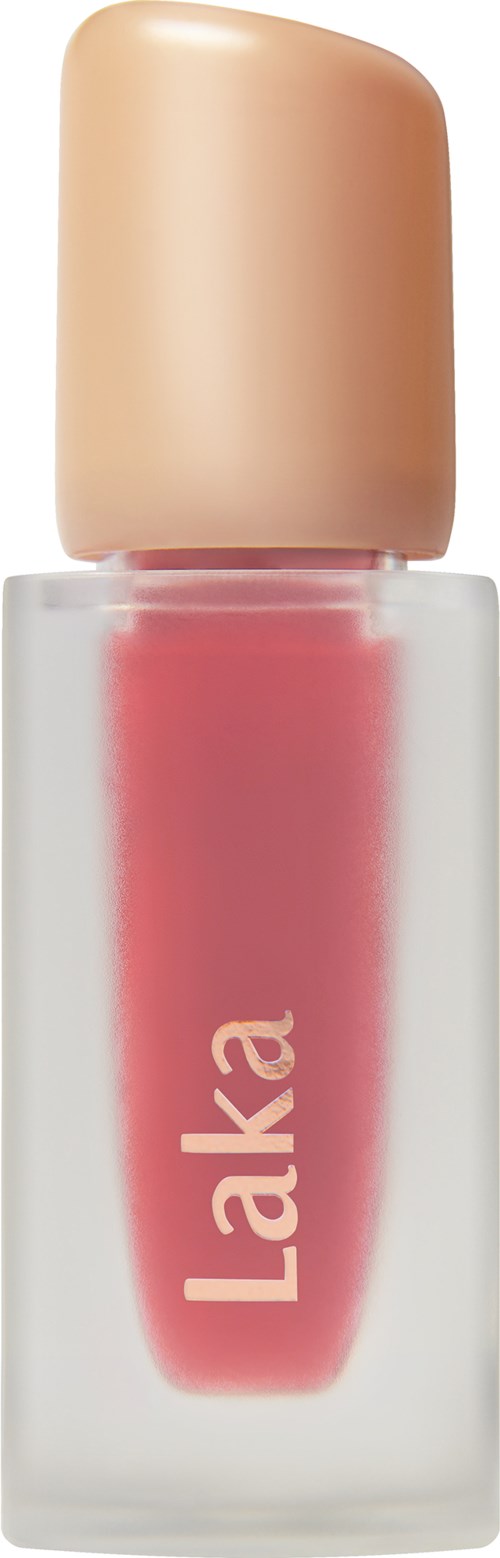 A nail polish bottle with a beige cap and pink liquid inside, labeled 'Laka' on the front.