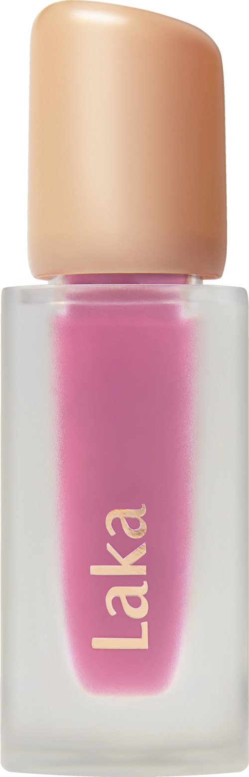 A small glass bottle with pink liquid and a beige cap, labeled 'laka' on the front.