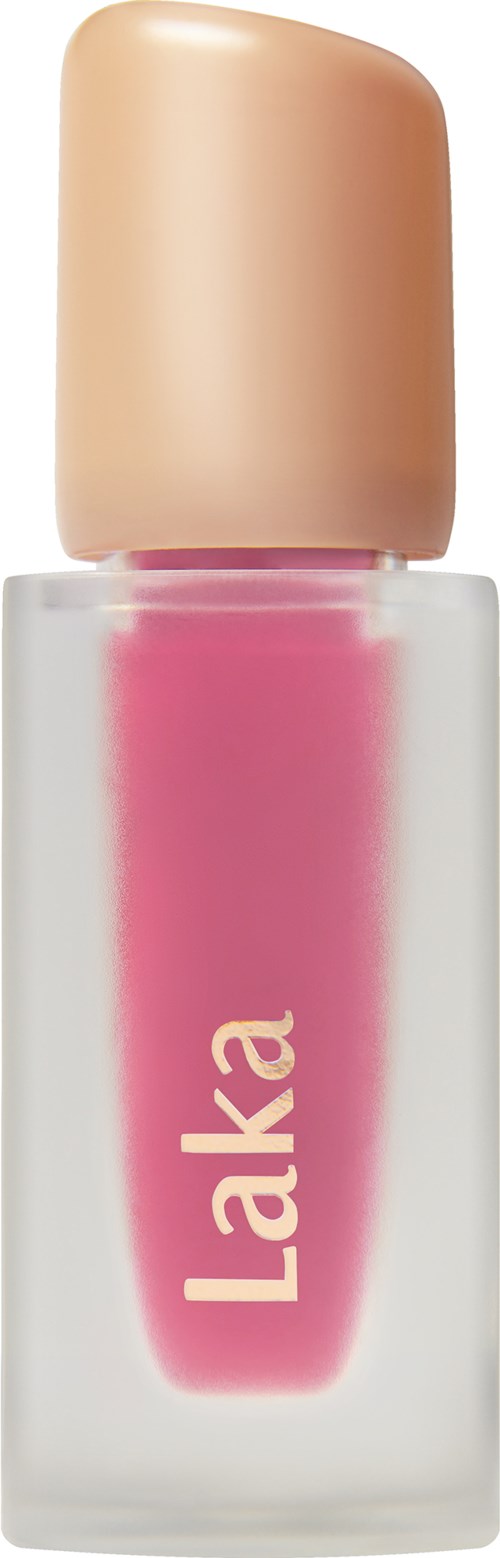 A small bottle of pink nail polish with a beige cap and the word 'Laka' written on it.