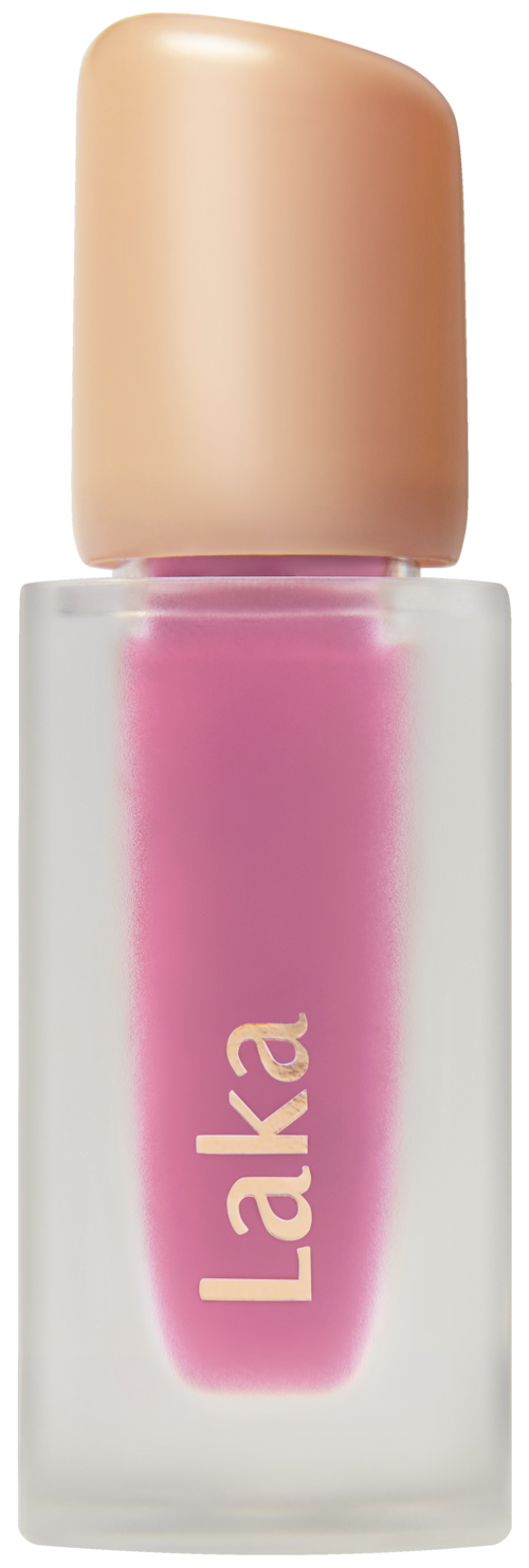 A small bottle with pink liquid and a beige cap, labeled 'Laka'.