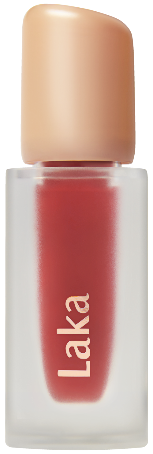 A small bottle with red lip gloss and a beige cap, labeled 'Ilaka.'